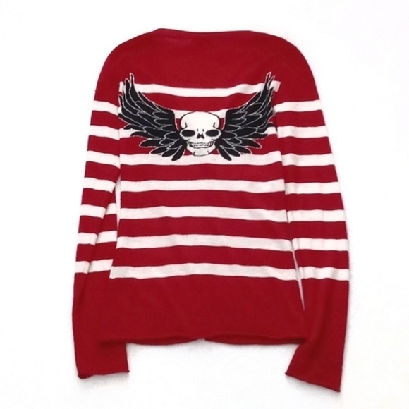*Relisted* Cashmere & Silk Red White Stripe Long Sleeve Cardigan Skull on Back S - Picture 2 of 14
